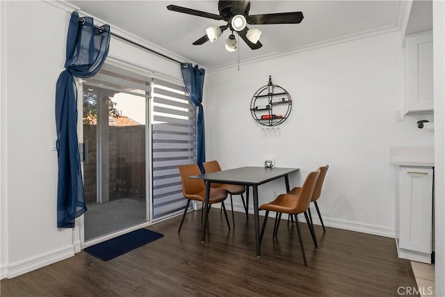 11521 Double Eagle Dr, Whittier, CA 90604 - dining space featuring ceiling fan, wood finished floors, and crown molding