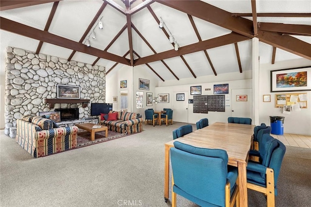 4692 Lakeview Ave Unit 8, Yorba Linda, CA 92886 - dining room featuring carpet flooring and a stone fireplace