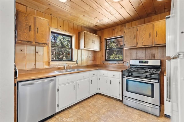 26251 Alpine Ln, Twin Peaks, CA 92391 - kitchen with appliances with stainless steel finishes, wooden ceiling, wooden walls, light countertops, and white cabinetry
