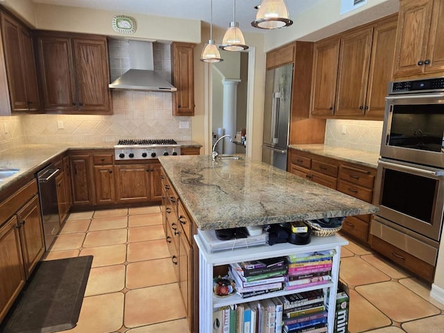 4970 Beauchamp Ct, San Diego, CA 92130 - kitchen featuring wall chimney exhaust hood, stainless steel appliances, light stone counters, and tasteful backsplash