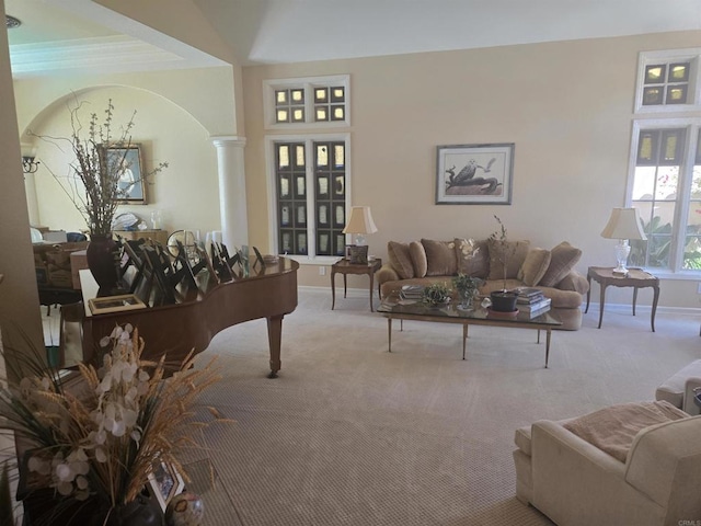 4970 Beauchamp Ct, San Diego, CA 92130 - carpeted living room with ornate columns and arched walkways