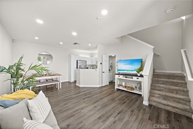811 Larkridge, Irvine, CA 92618 - living room featuring stairs, dark wood-style floors, and recessed lighting