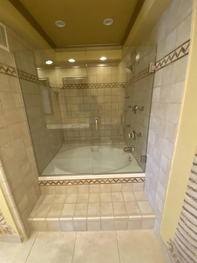 5983 Gaines St, San Diego, CA 92110 - full bathroom featuring tiled shower / bath combo, tile patterned floors, and recessed lighting