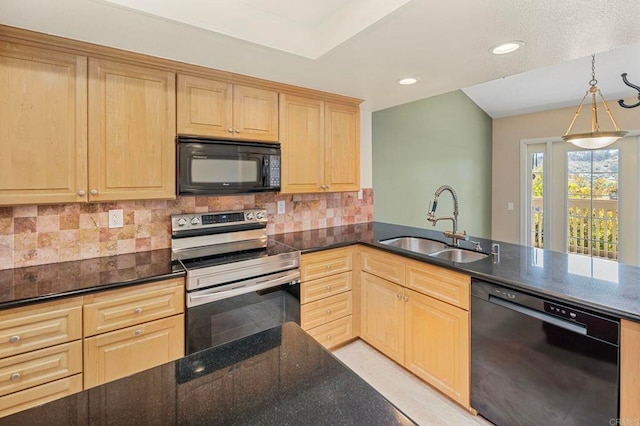 5983 Gaines St, San Diego, CA 92110 - kitchen featuring black appliances, light brown cabinetry, tasteful backsplash, dark stone countertops, and a peninsula