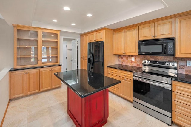 5983 Gaines St, San Diego, CA 92110 - kitchen featuring black appliances, decorative backsplash, a kitchen island, recessed lighting, and glass insert cabinets