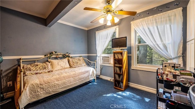 24083 Cresta Dr, Crestline, CA 92325 - carpeted bedroom featuring ornamental molding and ceiling fan