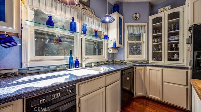 24083 Cresta Dr, Crestline, CA 92325 - kitchen with black dishwasher, dark wood-style flooring, and glass insert cabinets