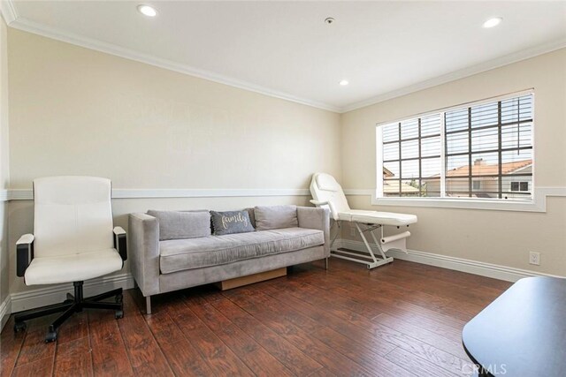 15521 Sandra Ln, Sylmar, CA 91342 - living area featuring dark wood-style flooring, crown molding, and recessed lighting
