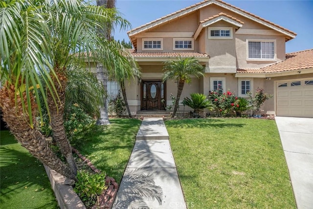 15521 Sandra Ln, Sylmar, CA 91342 - view of front of home with a tile roof, a garage, stucco siding, a front yard, and concrete driveway