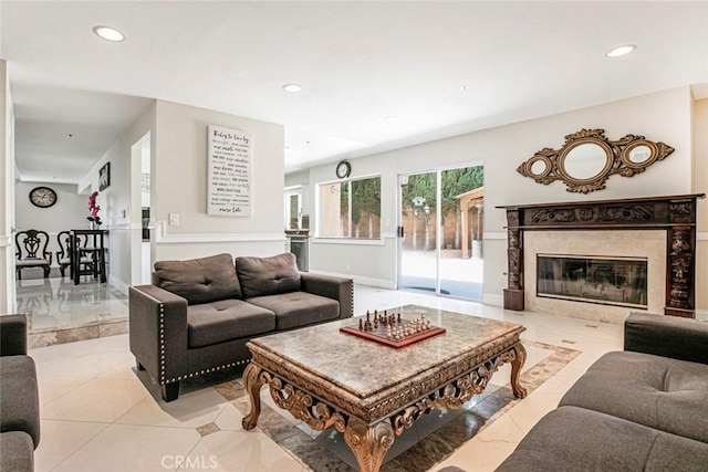 15521 Sandra Ln, Sylmar, CA 91342 - living area with recessed lighting, a fireplace, and light tile patterned floors