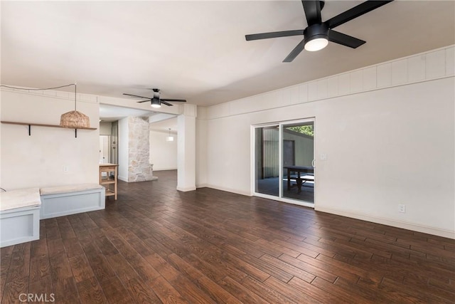 14137 Viburnum Dr, Whittier, CA 90604 - unfurnished living room with ceiling fan, ornate columns, and hardwood / wood-style flooring