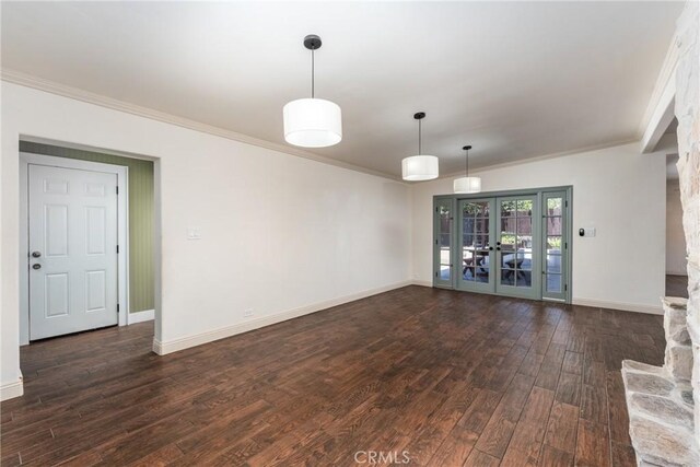 14137 Viburnum Dr, Whittier, CA 90604 - unfurnished room featuring dark wood-style floors, crown molding, and french doors