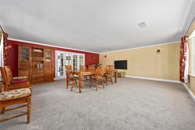 28201 Stallion Springs Dr, Tehachapi, CA 93561 - dining room with french doors, carpet floors, and crown molding