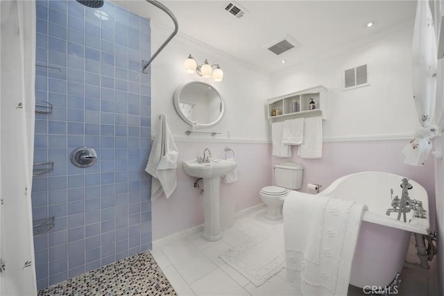 28201 Stallion Springs Dr, Tehachapi, CA 93561 - full bathroom featuring a tile shower, a freestanding tub, tile patterned flooring, and crown molding