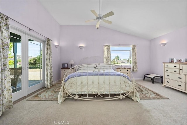 28201 Stallion Springs Dr, Tehachapi, CA 93561 - carpeted bedroom featuring access to exterior, multiple windows, lofted ceiling, and a ceiling fan