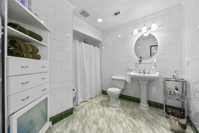 28201 Stallion Springs Dr, Tehachapi, CA 93561 - bathroom featuring ornamental molding, curtained shower, tile walls, and marble finish floors