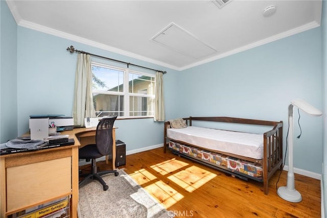 28201 Stallion Springs Dr, Tehachapi, CA 93561 - bedroom featuring crown molding, wood finished floors, attic access, and an office area