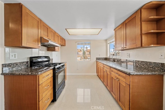 1524 Acacia Unit 5, Alhambra, CA 91801 - kitchen featuring black gas range oven, under cabinet range hood, open shelves, dark stone countertops, and brown cabinets