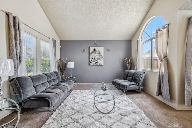 2134 Moonlight Ct, Palmdale, CA 93550 - carpeted living area with healthy amount of natural light, a textured ceiling, and lofted ceiling
