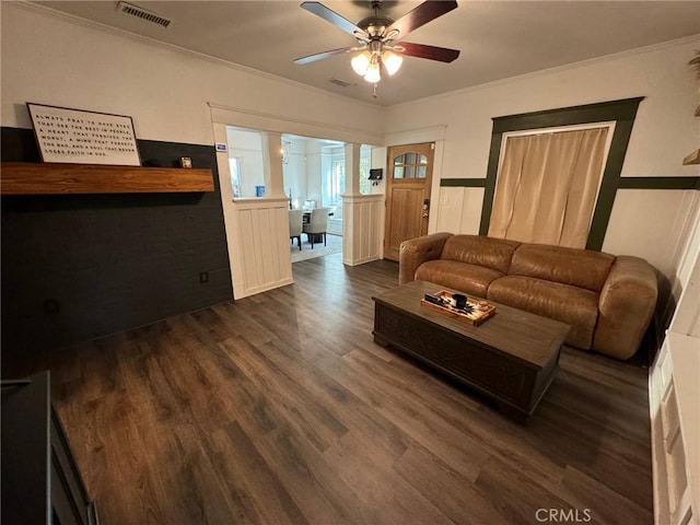 1355 N Gordon St, Pomona, CA 91768 - living room featuring a ceiling fan, ornamental molding, dark wood finished floors, and a wainscoted wall