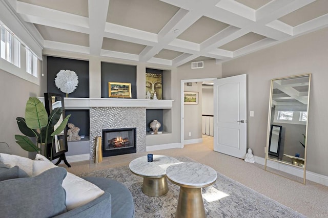 834 S Cedros, Solana Beach, CA 92075 - living room with coffered ceiling, beam ceiling, a fireplace, built in features, and carpet floors