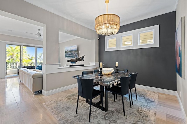 834 S Cedros, Solana Beach, CA 92075 - dining room with a chandelier, light wood-style floors, ceiling fan, and crown molding