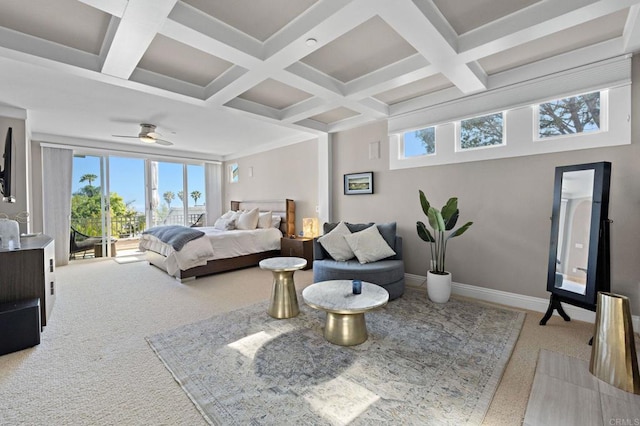 834 S Cedros, Solana Beach, CA 92075 - carpeted bedroom with access to exterior, coffered ceiling, beam ceiling, and a ceiling fan