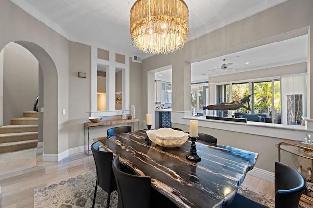 834 S Cedros, Solana Beach, CA 92075 - dining room with a chandelier, wood finished floors, a ceiling fan, and stairway