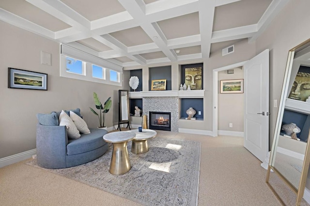 834 S Cedros, Solana Beach, CA 92075 - carpeted living room with coffered ceiling, beam ceiling, and a fireplace