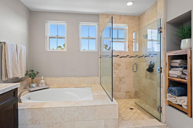 834 S Cedros, Solana Beach, CA 92075 - bathroom featuring a bath, a shower stall, and vanity