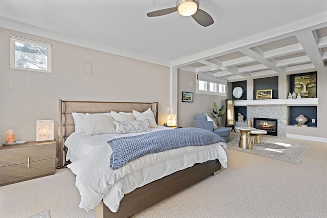 834 S Cedros, Solana Beach, CA 92075 - bedroom featuring carpet flooring, coffered ceiling, beamed ceiling, a fireplace, and ceiling fan