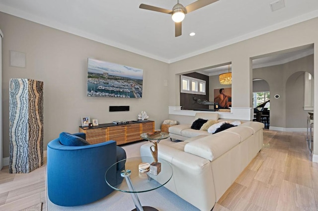 834 S Cedros, Solana Beach, CA 92075 - living room featuring arched walkways, a ceiling fan, light wood-style flooring, and recessed lighting