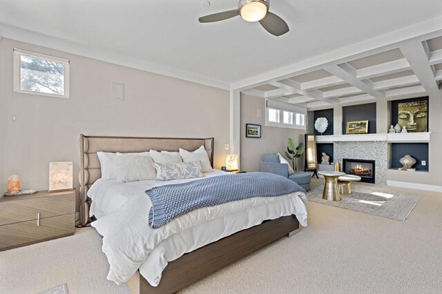 834 S Cedros, Solana Beach, CA 92075 - bedroom with carpet flooring, coffered ceiling, beam ceiling, a tile fireplace, and a ceiling fan