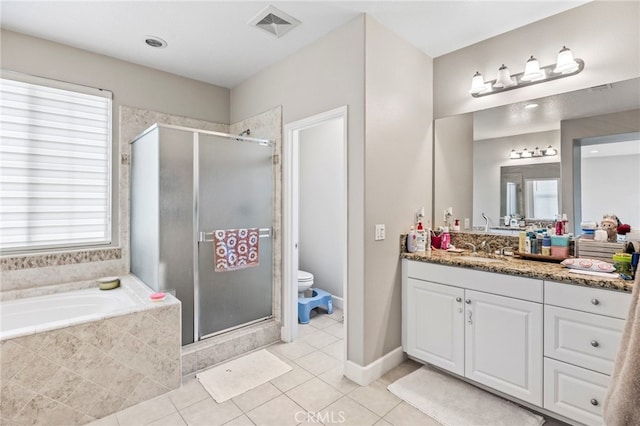 15530 Bonsai Way, Tustin, CA 92782 - full bath featuring vanity, a stall shower, a bath, and tile patterned floors