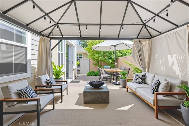 15530 Bonsai Way, Tustin, CA 92782 - view of patio with an outdoor hangout area, outdoor dining space, a gazebo, and a gate