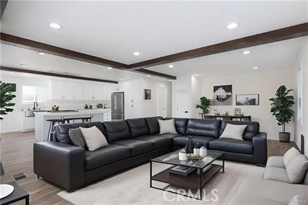 21312133 S Cloverdale Ave, Los Angeles, CA 90016 - living area with beam ceiling, light wood-style floors, and recessed lighting