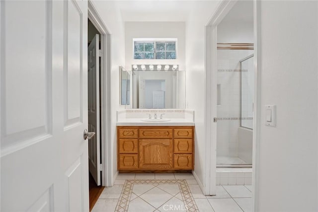 22501 Marilla St, Chatsworth, CA 91311 - full bathroom with vanity, a stall shower, and tile patterned floors