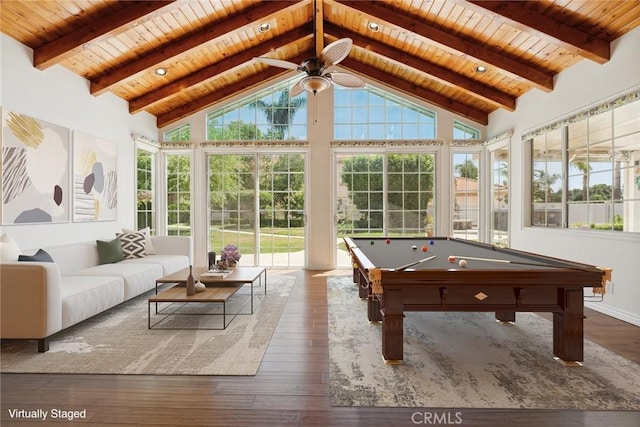 22501 Marilla St, Chatsworth, CA 91311 - playroom featuring a wooden ceiling with exposed beams, plenty of natural light, a ceiling fan, hardwood / wood-style floors, and billiards table
