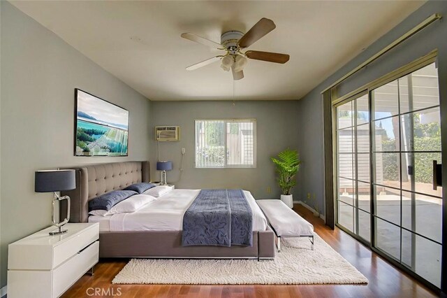 12911 Browning Ave, North Tustin, CA 92705 - bedroom with access to exterior, dark wood-style flooring, a wall mounted air conditioner, and ceiling fan