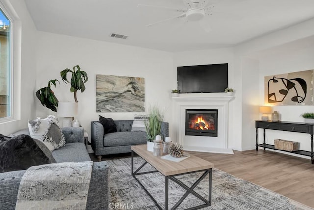 24186 Matthew Pl, Newhall, CA 91321 - living area with wood finished floors, a ceiling fan, and a glass covered fireplace