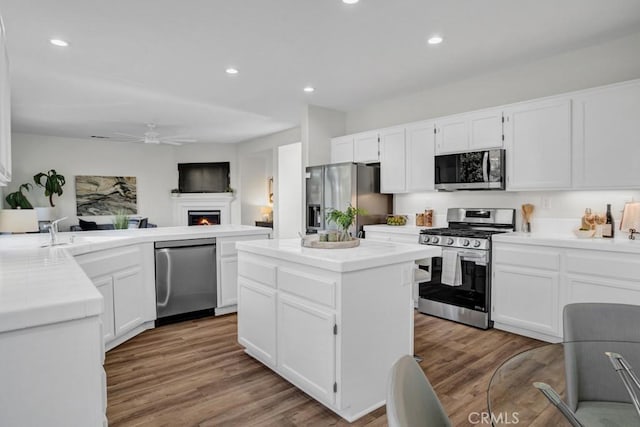 24186 Matthew Pl, Newhall, CA 91321 - kitchen featuring appliances with stainless steel finishes, a warm lit fireplace, a ceiling fan, recessed lighting, and white cabinetry