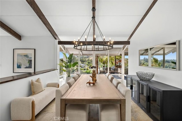10255 Overhill Dr, Santa Ana, CA 92705 - dining room with beamed ceiling, a chandelier, and plenty of natural light