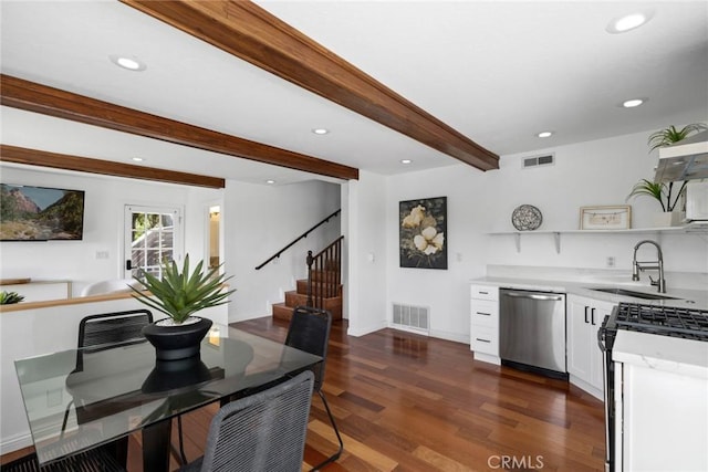10255 Overhill Dr, Santa Ana, CA 92705 - kitchen featuring dishwasher, open shelves, gas range, white cabinetry, and beamed ceiling