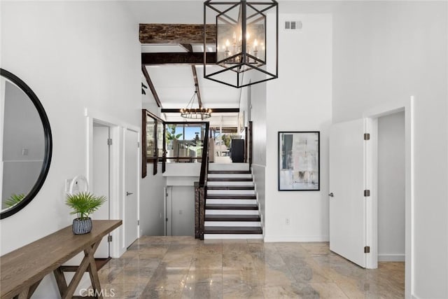 10255 Overhill Dr, Santa Ana, CA 92705 - entryway featuring a chandelier, high vaulted ceiling, stairs, and beam ceiling