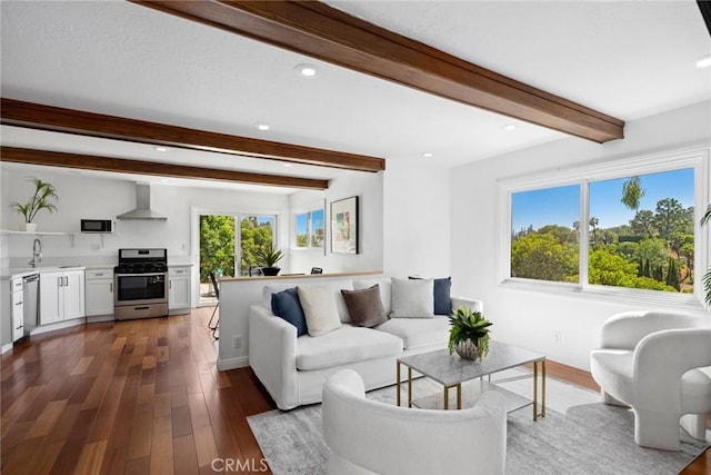 10255 Overhill Dr, Santa Ana, CA 92705 - living room with dark wood-style floors, recessed lighting, and beam ceiling