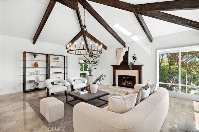10255 Overhill Dr, Santa Ana, CA 92705 - living room featuring a chandelier, beam ceiling, a premium fireplace, and high vaulted ceiling