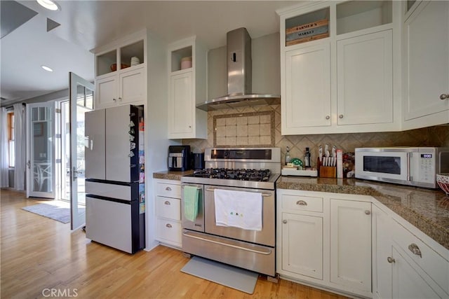 2166 Lopez Dr, Arroyo Grande, CA 93420 - kitchen featuring stainless steel appliances, wall chimney exhaust hood, healthy amount of natural light, white cabinetry, and recessed lighting