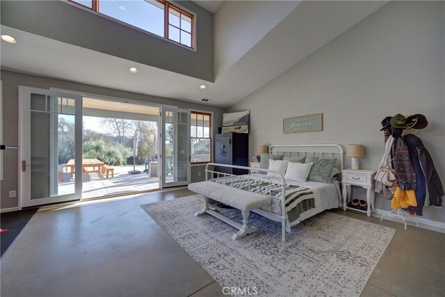 2166 Lopez Dr, Arroyo Grande, CA 93420 - bedroom featuring access to outside, recessed lighting, a high ceiling, and finished concrete flooring