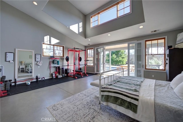 2166 Lopez Dr, Arroyo Grande, CA 93420 - bedroom with access to outside, finished concrete floors, a high ceiling, and recessed lighting