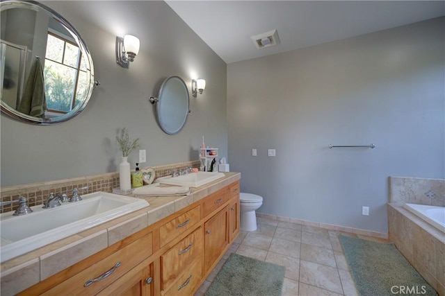 2166 Lopez Dr, Arroyo Grande, CA 93420 - full bath featuring double vanity, a bath, tile patterned floors, and an enclosed shower